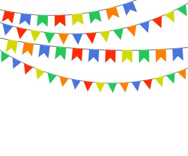 Festival çok renkli parlak bayrakları, beyaz arka plan üzerinde izole kiraz kuşu çelenk. Vektör çizim. EPS 10.