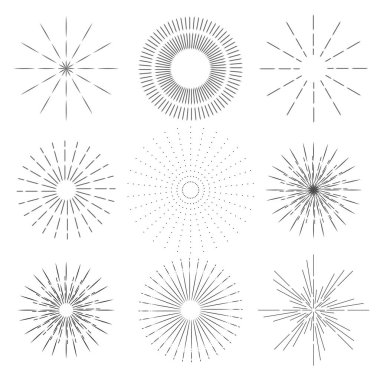 Retro güneş ışınlarının ayarlayın. Vintage logo, etiketleri, rozetleri. Havai fişek patlama. Beyaz arka plan üzerinde izole vektör tasarım öğeleri. EPS 10.