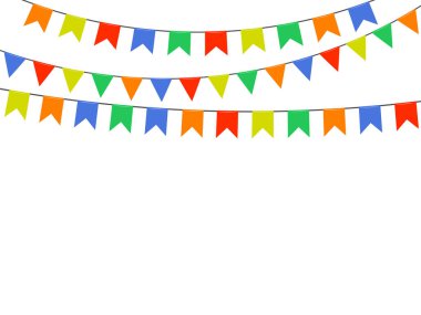 Festival renkli parlak bayrakları, beyaz arka plan üzerinde izole kiraz kuşu çelenk. Tasarım için vektör öğeleri. EPS 10.