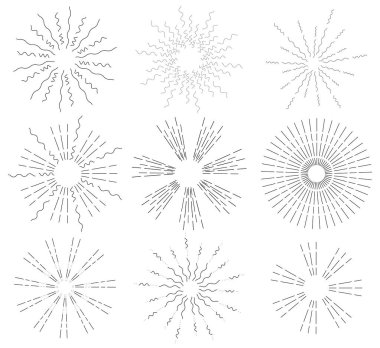 Retro güneş ışınlarının ayarlayın. Vintage logo, etiketleri, rozetleri. Havai fişek patlama. Beyaz arka plan üzerinde izole vektör tasarım öğeleri. EPS 10.