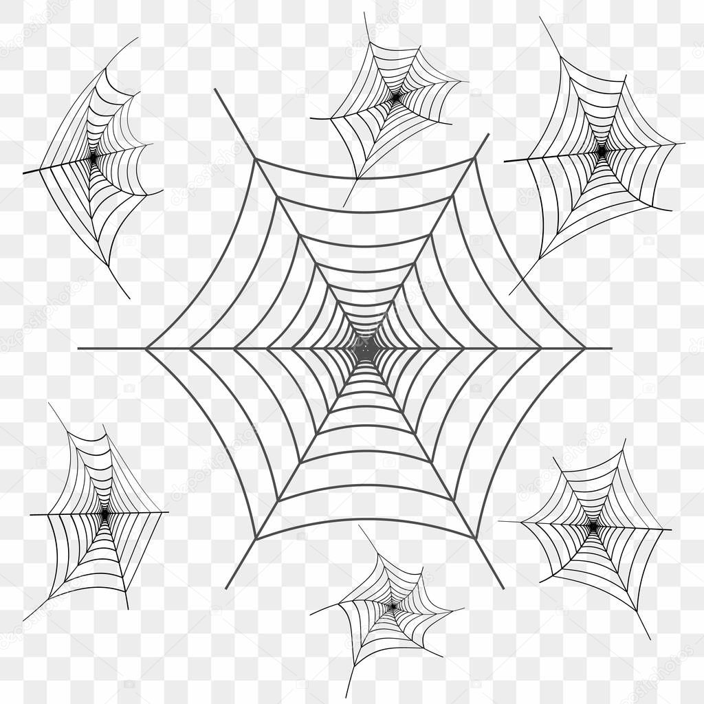 Set of black spider web on transparent background. Design element, icon. Vector. Eps 10.