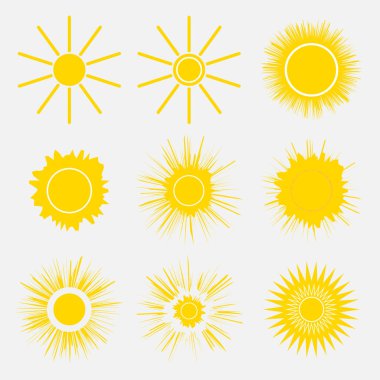 Basit sarı turuncu güneş simgeler beyaz arka plan üzerinde ayarlayın. Çizgi film vektör çizim bir gündoğumu. Çocuklar için günbatımı grafik logo sembolleri. Eps10.