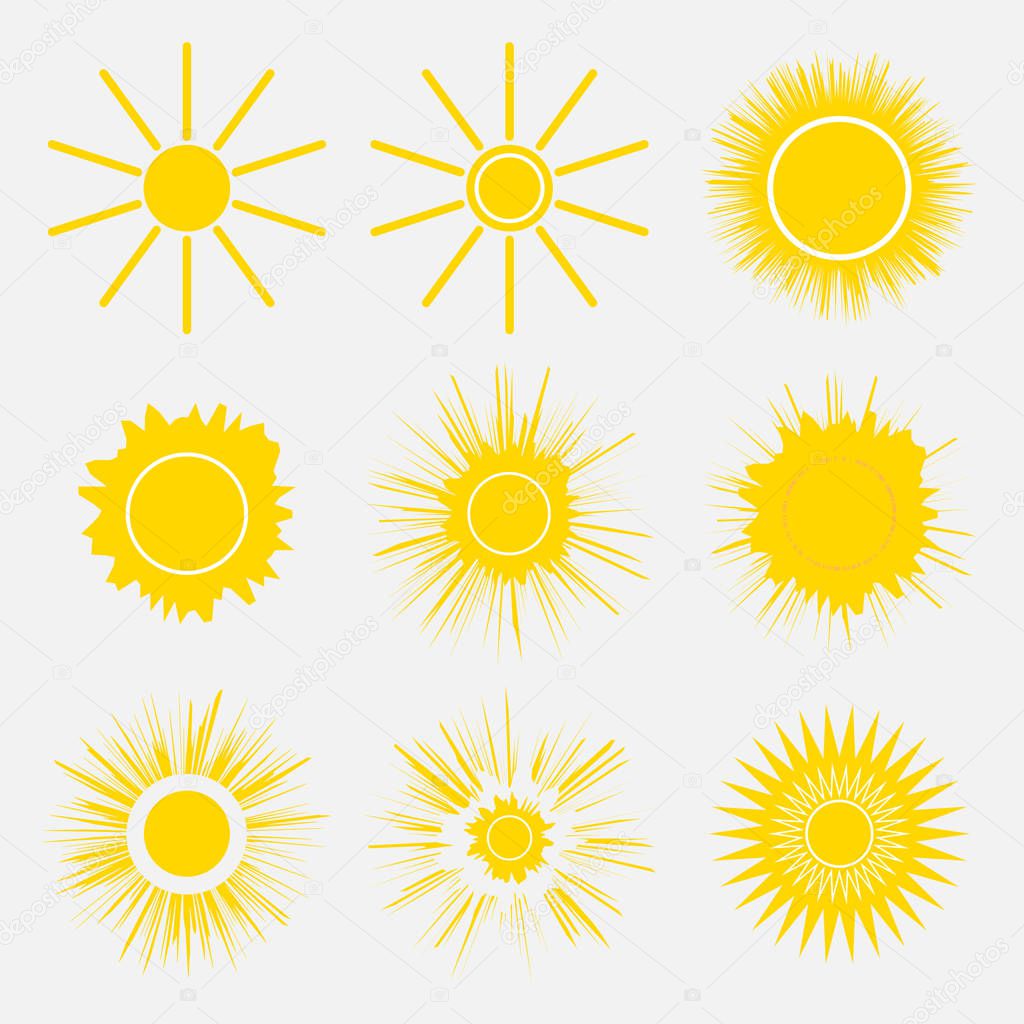 Set of simple yellow orange Sun icons on white background. Cartoon vector illustration of a sunrise. Sunset Graphic logo symbols for kids. Eps10.