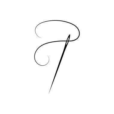 Siyah beyaz izole arka plan iş parçacığında iğneyle. Bir terzi dikiş, karakter kavramı. Tasarımınız için vektör öğesi simgesi. EPS 10.