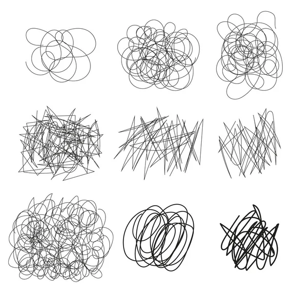 Set Vector Drawn Tangles Lines Circles Ellipses Doodle Sketch Black — Stock Vector