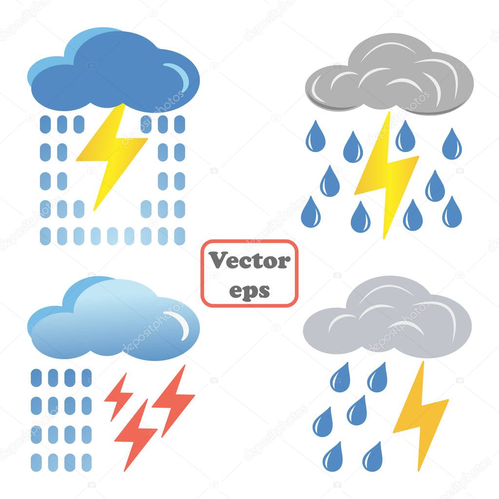 Set blue cloud with lightnings and rain icon. Cartoon illustration of blue cloud with lightnings and rain vector icon for web. Drawing on t-shirts, bags. Isolated on white background. Eps.