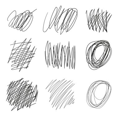 Çizilmiş vektör tangles, çizgiler, daireler, elipsler Doodle kroki kümesi. Siyah çizgi soyut karalama şekli. Karışık kaotik doodle daire ve kare karalama çizim vektör. Beyaz arka plan üzerinde izole iş parçacığı clew düğüm. EPS.