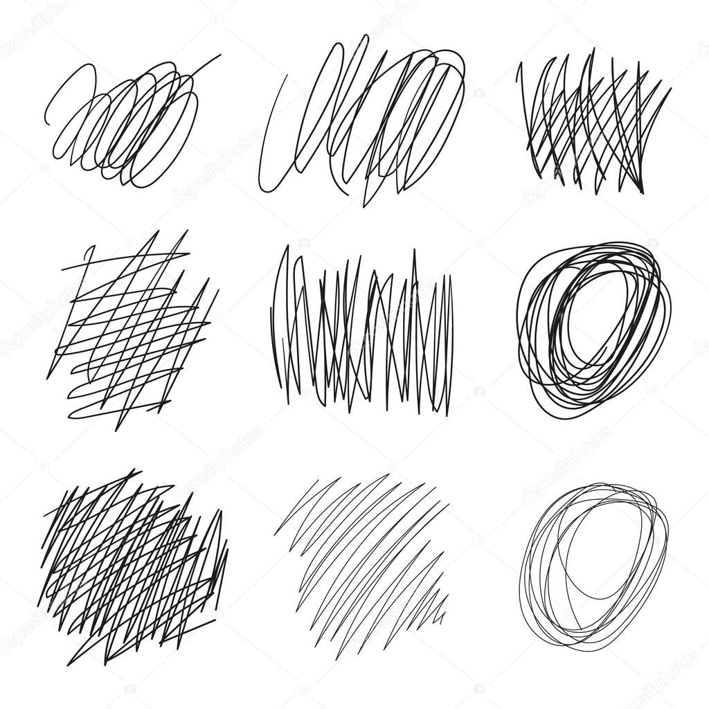 Set of vector drawn tangles, lines, circles, ellipses Doodle sketch. Black line abstract scribble shape. Vector tangled chaotic doodle circle and square scribble drawing. Thread clew knot isolated on white background. Eps.