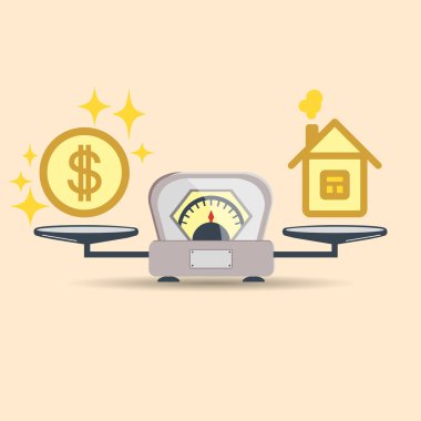 Bir dolar sikke ve ölçekler üzerinde bir ev. Para ve ev ölçekler simgesi. Emlak, Kiralık, masraf, yükümlülükler ve ipotek kavramı. Para ve denge evde kavramının ölçekte. Emlak satışı. Vektör izole işareti. EPS.