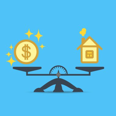 Bir dolar sikke ve ölçekler üzerinde bir ev. Para ve ev ölçekler simgesi. Emlak, Kiralık, masraf, yükümlülükler ve ipotek kavramı. Para ve denge evde kavramının ölçekte. Emlak satışı. Vektör izole işareti. EPS.