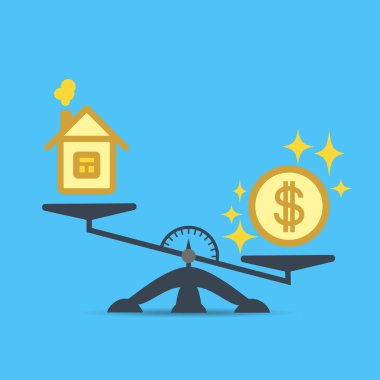 Bir dolar sikke ve ölçekler üzerinde bir ev. Para ve ev ölçekler simgesi. Emlak, Kiralık, masraf, yükümlülükler ve ipotek kavramı. Para ve denge evde kavramının ölçekte. Emlak satışı. Vektör izole işareti. EPS.
