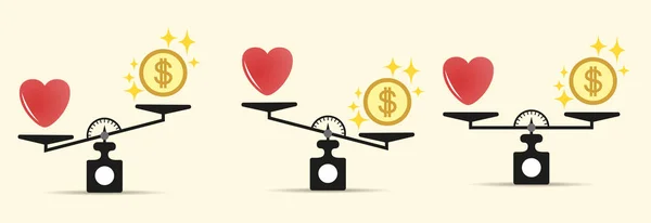 设置心钱和秤 不同的倾斜选项 金钱和爱情的天平 选择的概念 用爱和钱币来缩放 在光背景下分离的向量 Eps — 图库矢量图片