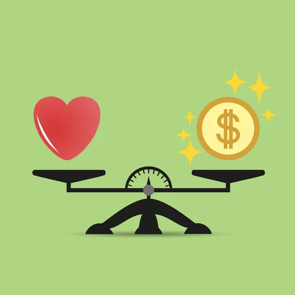 心和钱的比例图标 平衡的金钱和爱的规模 选择的概念 用爱和钱币来缩放 符号的矢量隔离颜色 Eps — 图库矢量图片