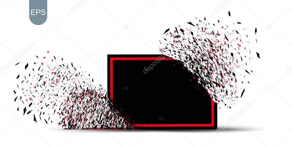Black banner with red frame with fragments isolated on white background. Abstract black explosion with small particles. Black broken glass plate with space for your text. Vector illustration. Eps.