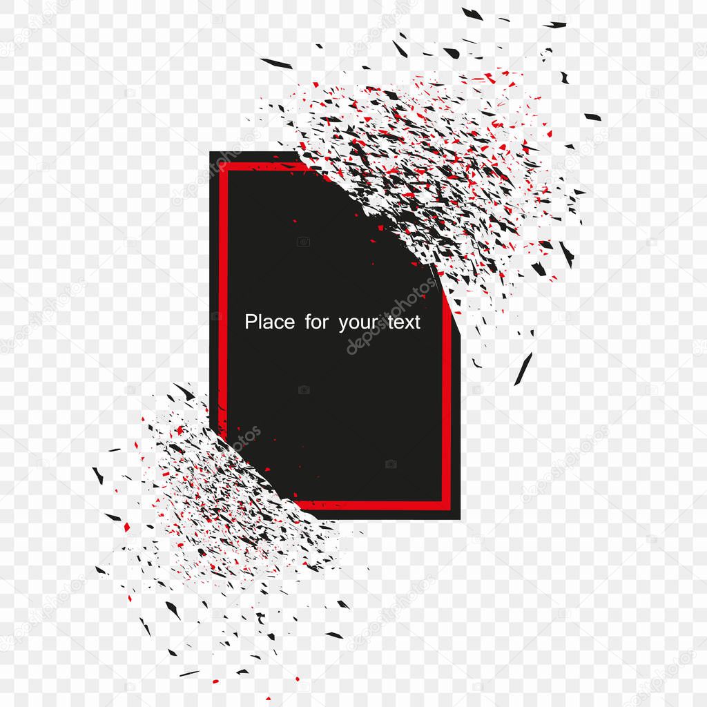 Black banner with red frame with fragments isolated on transparent background. Abstract black explosion with small particles. Black broken glass plate with space for your text. Vector illustration. Eps.