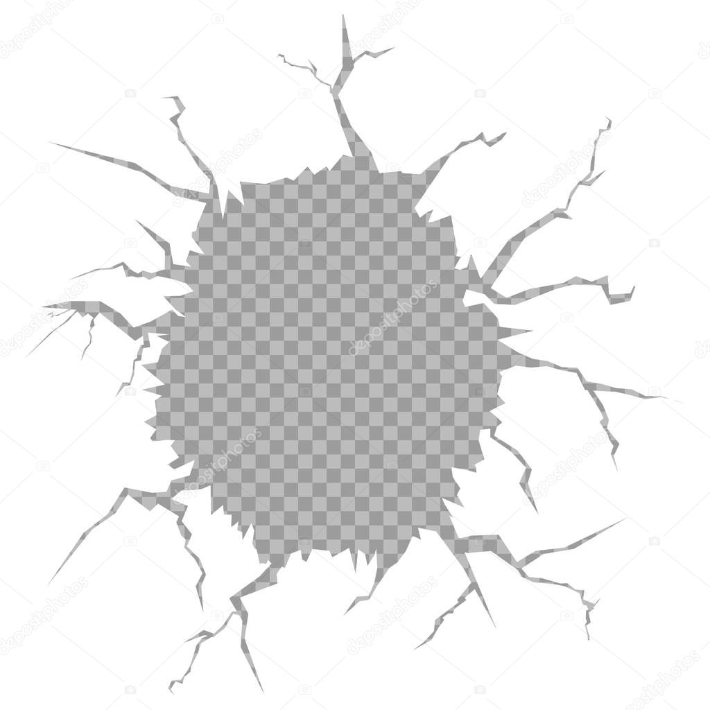 Vector illustration of a hole in the wall on an isolated transparent background. Cracking ground. Template for Content, advertising, banner, poster. Eps.