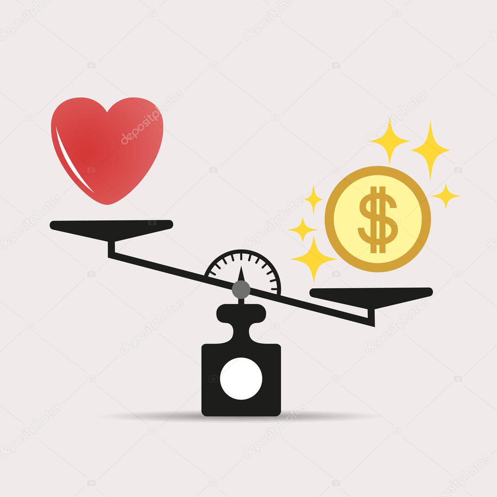 Money weights over the heart. Scales between love and money. The concept of greed, gain, money is more important than love. Vector illustration isolated on light background. Eps.