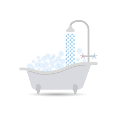 Küvet simgesi ile akan su ve kabarcıklar köpük dolu. Banyo vektör hafif bir arka plan üzerinde izole maddenin, bir banyo, sauna öğesi web tasarım için simge.