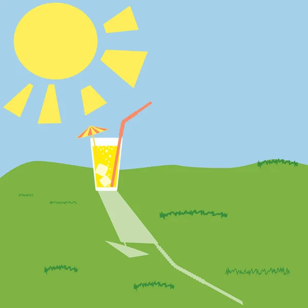 Sommerzeit. ein Glas Limonadencocktail, Saft, Limonade mit Stroh auf dem Gras. das Konzept der Erholung im Freien, grünes Gras. Vektorillustration. — Stockvektor