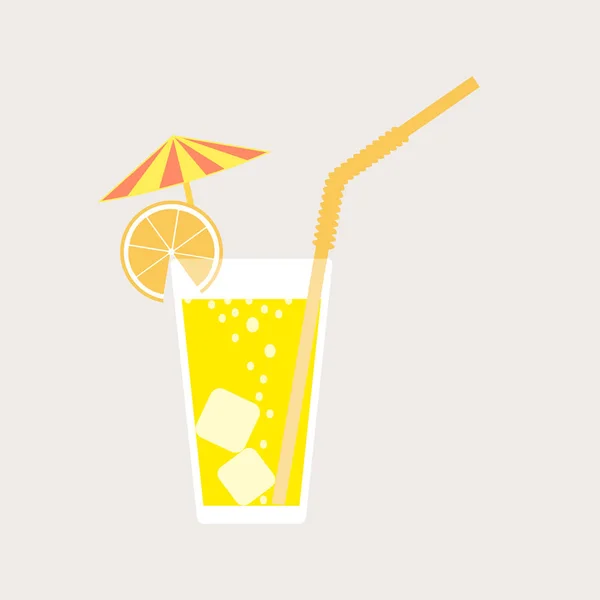 Szklankę lemoniady, soda z lodem i parasol cocktail. Sok z cytryny. Szklankę cytrynowy lub pomarańczowy koktajl ze słomy. Wektor ilustracja na białym tle na jasnym tle. — Wektor stockowy