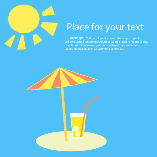 Sommerzeit. Sonnenschirm, der Strand ist ein Glas Limonade-Cocktail, Saft, Limo mit Stroh. Sonnenschirm ist das Konzept eines Urlaubs am Meer, Sonnenbräune. Vektorillustration mit Platz für Text. — Stockvektor