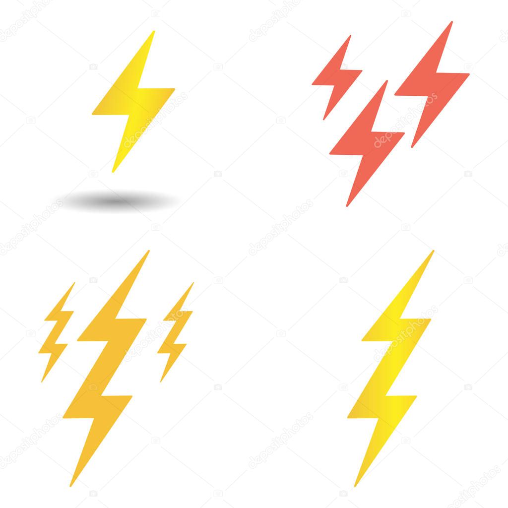 Set lightning bolt vector. Yellow and red lightning strikes. Elements isolated on light background.