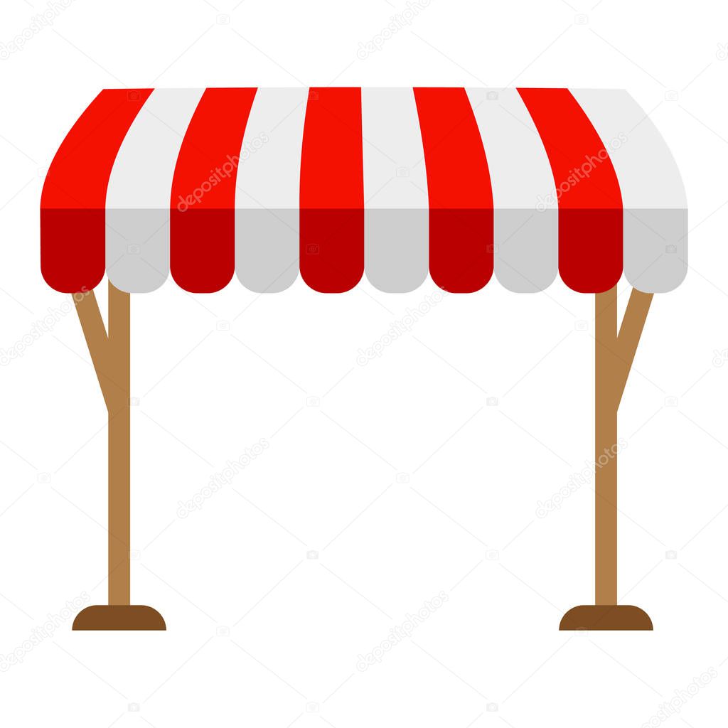 Awning isolated on a white background on the racks. Striped red and white sunshade for shops, cafes and street restaurants. Outside canopy from the sun. Vector element for your designs.