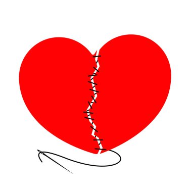 Yırtık kalp vektör ve siyah iplik iğne ile dikişli. Tasarım öğesi hafif bir arka plan üzerinde izole.