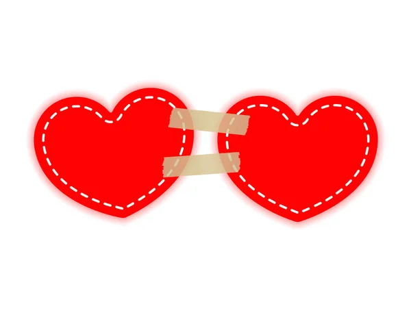 Dos corazones rojos en un papel adhesivo cintas de velcro. Concepto de amor, día de San Valentín. Elementos de diseño vectorial aislados sobre fondo claro . — Archivo Imágenes Vectoriales