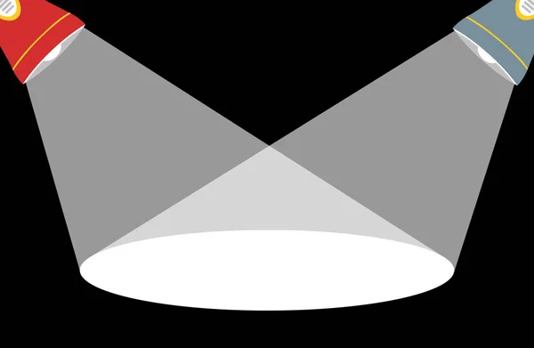 Två ficklampor med vita strålar på en mörk bakgrund, med utrymme för text. Vektorillustration. — Stock vektor