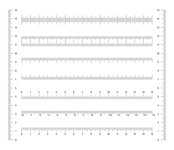 Meten van schalen voor school liniaal instellen Verschillende varianten van metrische meting lezingen in centimeters. Vector ontwerpelementen op geïsoleerde achtergrond. — Stockvector