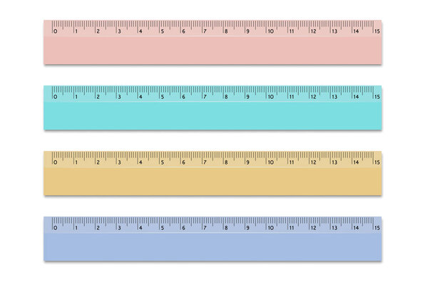 Set rulers of school different colors 15 centimeters. Vector design elements on isolated white background.