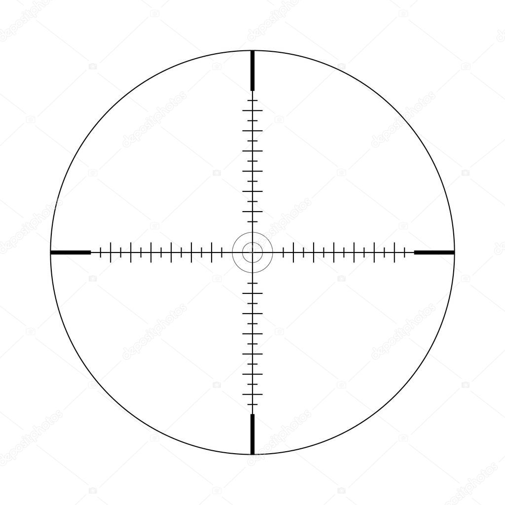 Sniper scope, scale. Crosshairs with tick marks. Icon. Vector concept of target search. Element isolated on light background, pattern.