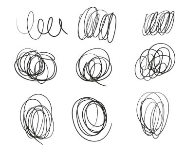 Doodles farklı kalınlıkta yuvarlak çizilmiş çizgiler kümesi. Elle çizilmiş karalama kroki. Vektör tasarım öğeleri üzerinde ışık arka plan izole.