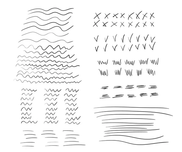 Diferentes linhas aleatórias desenhadas. Vector doodles ondulados, elementos de eclosão, tachado. Conjunto de pincel estilo marcador . — Vetor de Stock