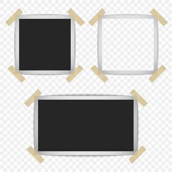 Set of retro photo frames with shadows on a sticky tape with the possibility of overlay. Vector illustration isolated on transparent background. — Stock Vector