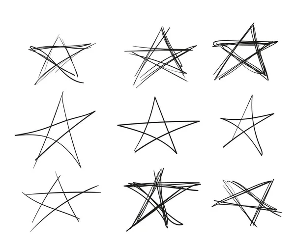Zestaw gwiazd, czarny ręcznie rysowane z różnych linii grubości, szkicu. Elementy instancji Vector na białym tle na jasnym tle. — Wektor stockowy