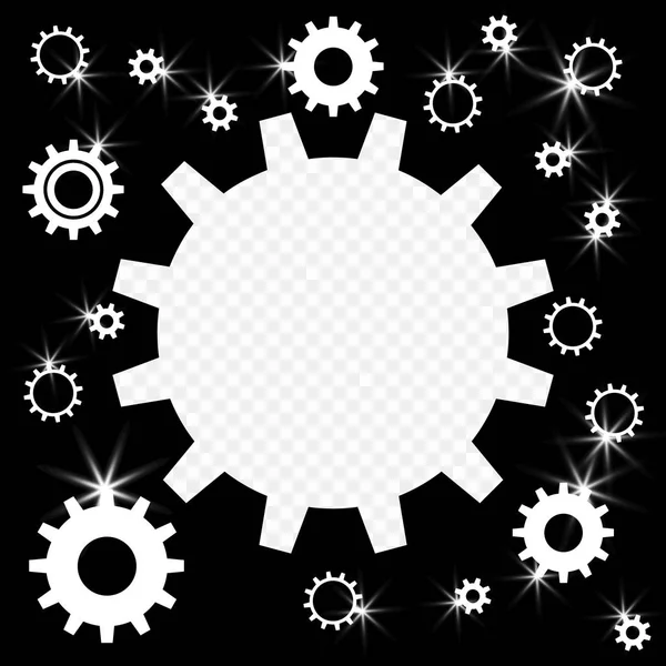 The gears are shiny, silver with highlights on a transparent background. Frame in the form of gears with the possibility of overlay. Vector illustration. — Stock Vector