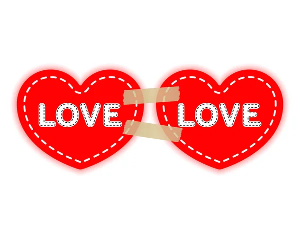 Dos corazones rojos en un papel adhesivo cintas de velcro. Concepto de amor, día de San Valentín. Elementos de diseño vectorial aislados sobre fondo claro . — Archivo Imágenes Vectoriales