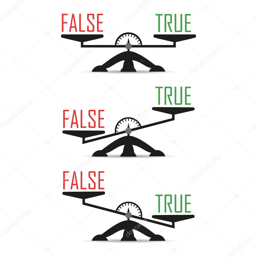 Scales, Libra. The concept of choosing true or false. Flat Style vector illustration isolated on white Background.