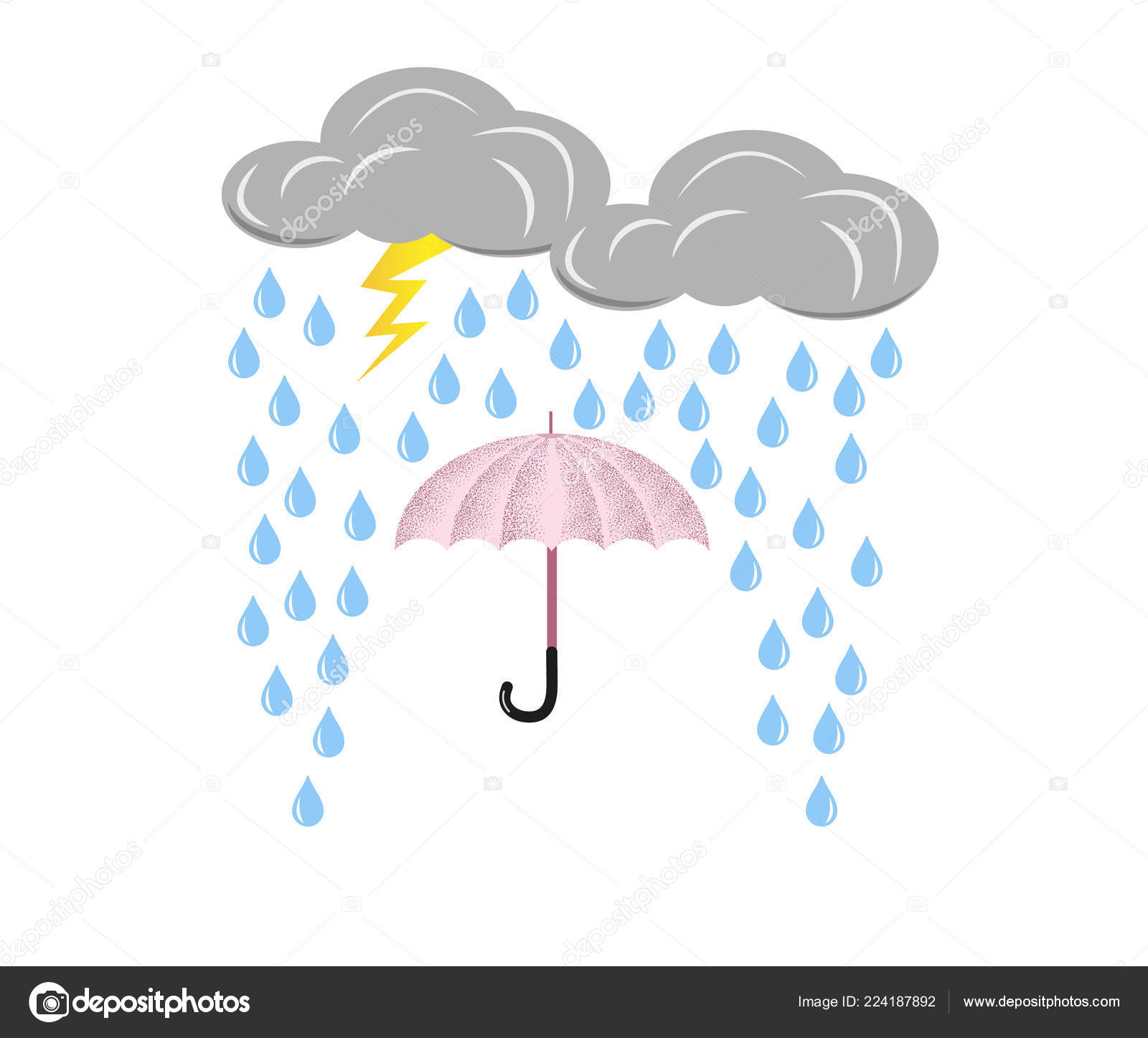 Cloud with lightning and rain falling drops on the umbrella. Vector