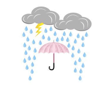 Yıldırım ile bulut ve düşen damla yağmur şemsiyesi. Vektör illüstrasyon izole arka plan.