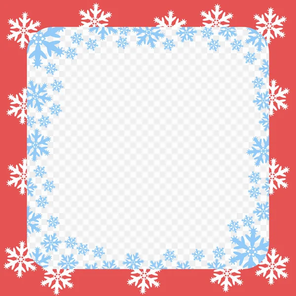 Vektorové vzorové červeným rámečkem. Vánoce a nový rok s modré a bílé sněhové vločky. Průhledné pozadí izolované. — Stockový vektor