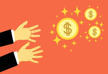 Eller için para ulaşmak. Açgözlülük, tüm para için kavramı. Servet peşinde. Vektör çizim.