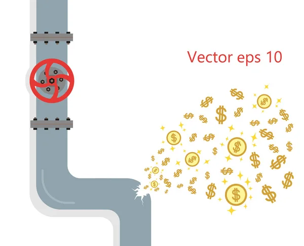 Утечка из трубопровода повреждена. Гэп, авария трещина в трубах. Концепция денег теряется из-за поломки. Векторный плоский стиль . — стоковый вектор