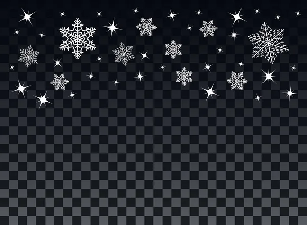 Fallande snöflingor på en transparent bakgrund. Överlagra designelement. Vinter dekoration för nyår och jul semester. Vektorillustration. — Stock vektor