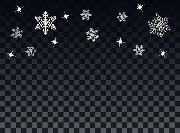 Fallande snöflingor på en transparent bakgrund. Överlagra designelement. Vinter dekoration för nyår och jul semester. Vektorillustration. — Stock vektor