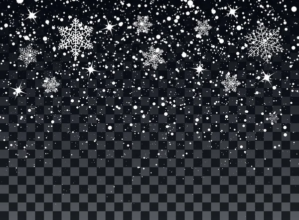 Падающие снежинки на прозрачном темном фоне. Элемент наложения. Зимние украшения для Нового года и Рождества. Векторная иллюстрация . — стоковый вектор