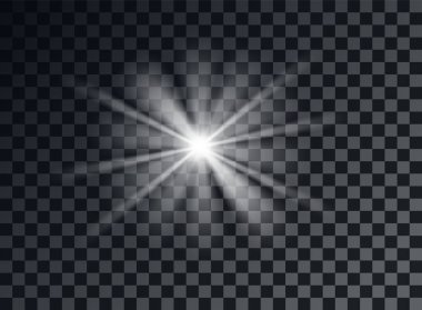 Beyaz parlak ışık, parlama. Dekoratif unsur yer paylaşımı glitter, patlama, star Shine. Vektör yeni yıl, Noel dekorasyon. Saydam arka plan.