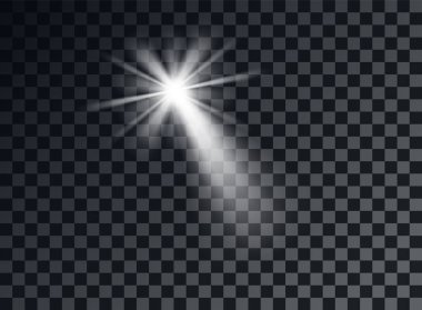 Beyaz parlak ışık, parlama. Dekoratif unsur yer paylaşımı glitter, patlama, star Shine. Vektör yeni yıl, Noel dekorasyon. Saydam arka plan.